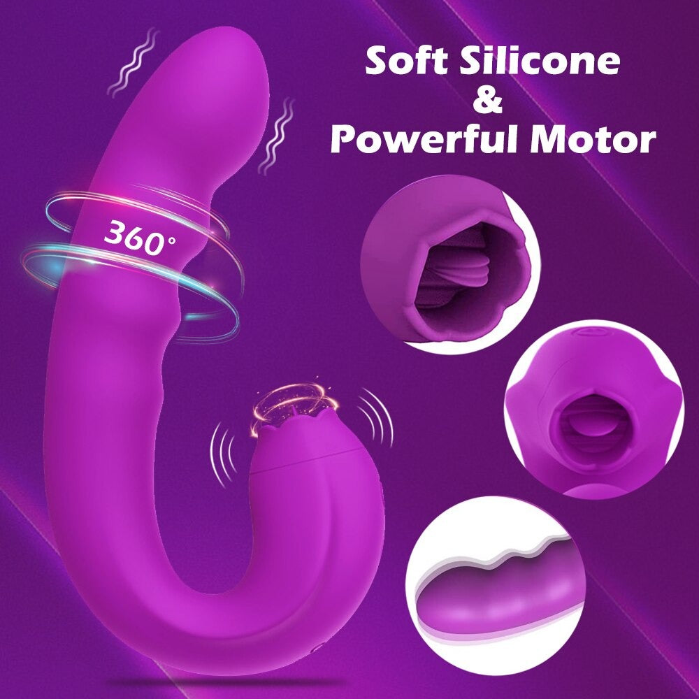 3 IN 1 Vibrating Dildo 360° Rotation Licking Clit Stimulator Nipple Massage G Spot